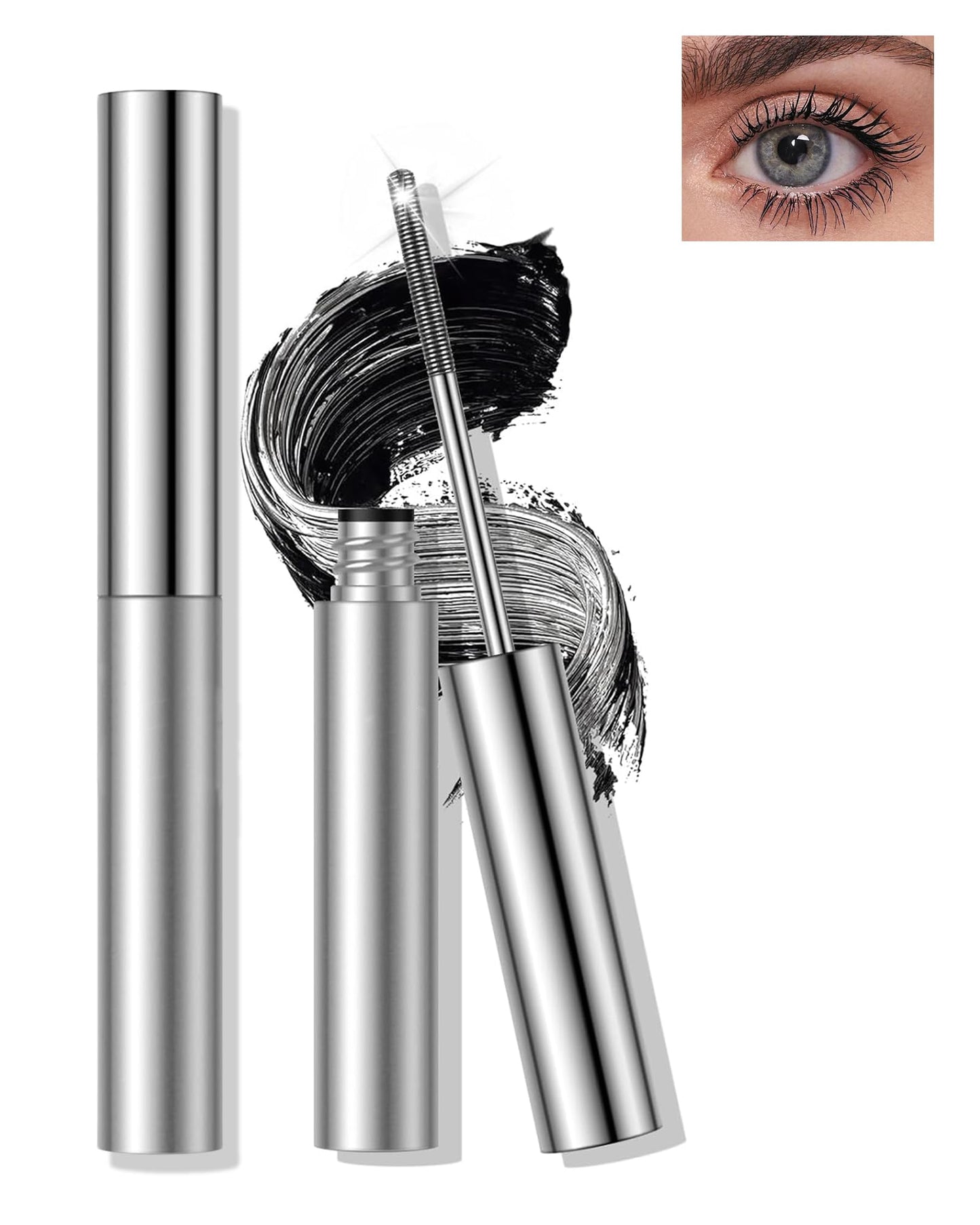 Washable Metal Rod Mascara, Black Waterproof Tube Mascara Volume and Length,3D Skinny Curling Iron Wand,Long Lasting Smudge-Proof Non Clumping Lengthening Fiber Lash Máscara Makeup for Women