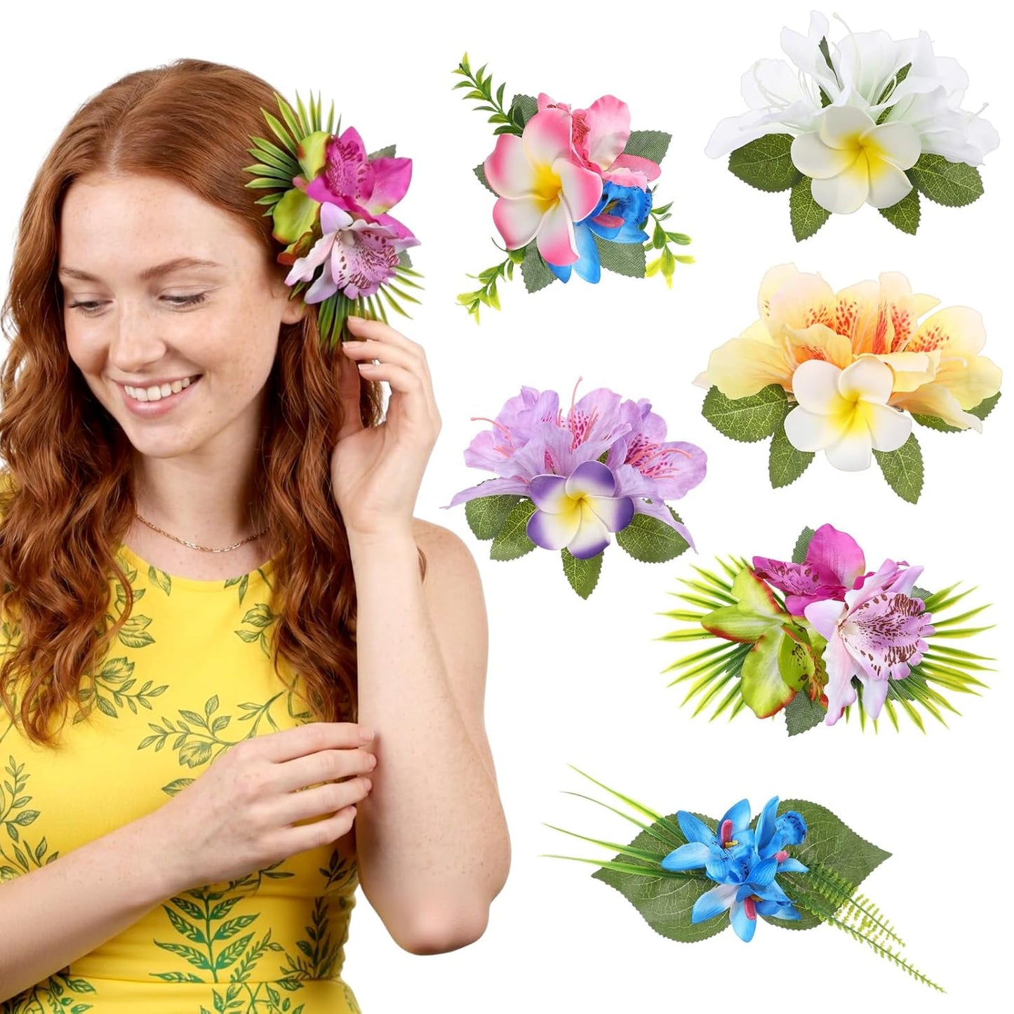 Hawaiian Flower Hair Clips - 6 Pcs Tropical Floral Accessories for Summer Beach Weddings | Large Plumeria & Orchid Design