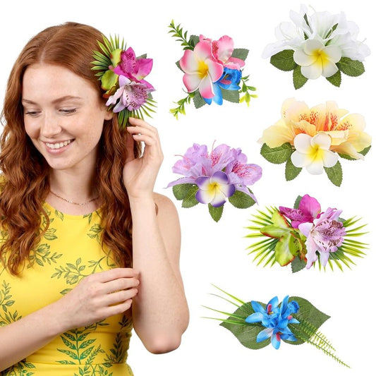 Hawaiian Flower Hair Clips - 6 Pcs Tropical Floral Accessories for Summer Beach Weddings | Large Plumeria & Orchid Design