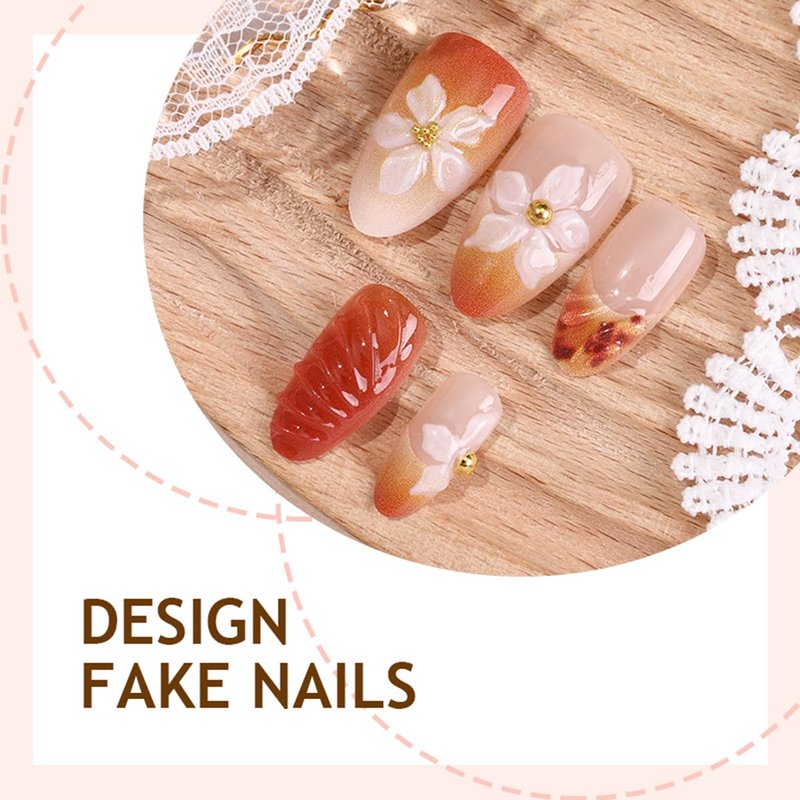 Flower Press-On Nails - Almond Medium Hibiscus Design with 3D Gold Beads | Spring Summer Acrylic Fake Nails for Women
