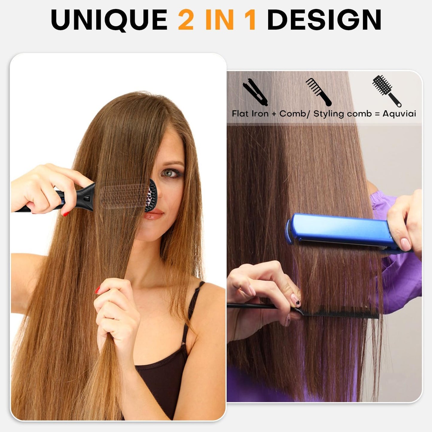 Hair Straightener Brush - Ceramic Ionic Hair Straightener Comb for Women | 20s Fast Heating | 2-in-1 Flat Iron & Brush, Black