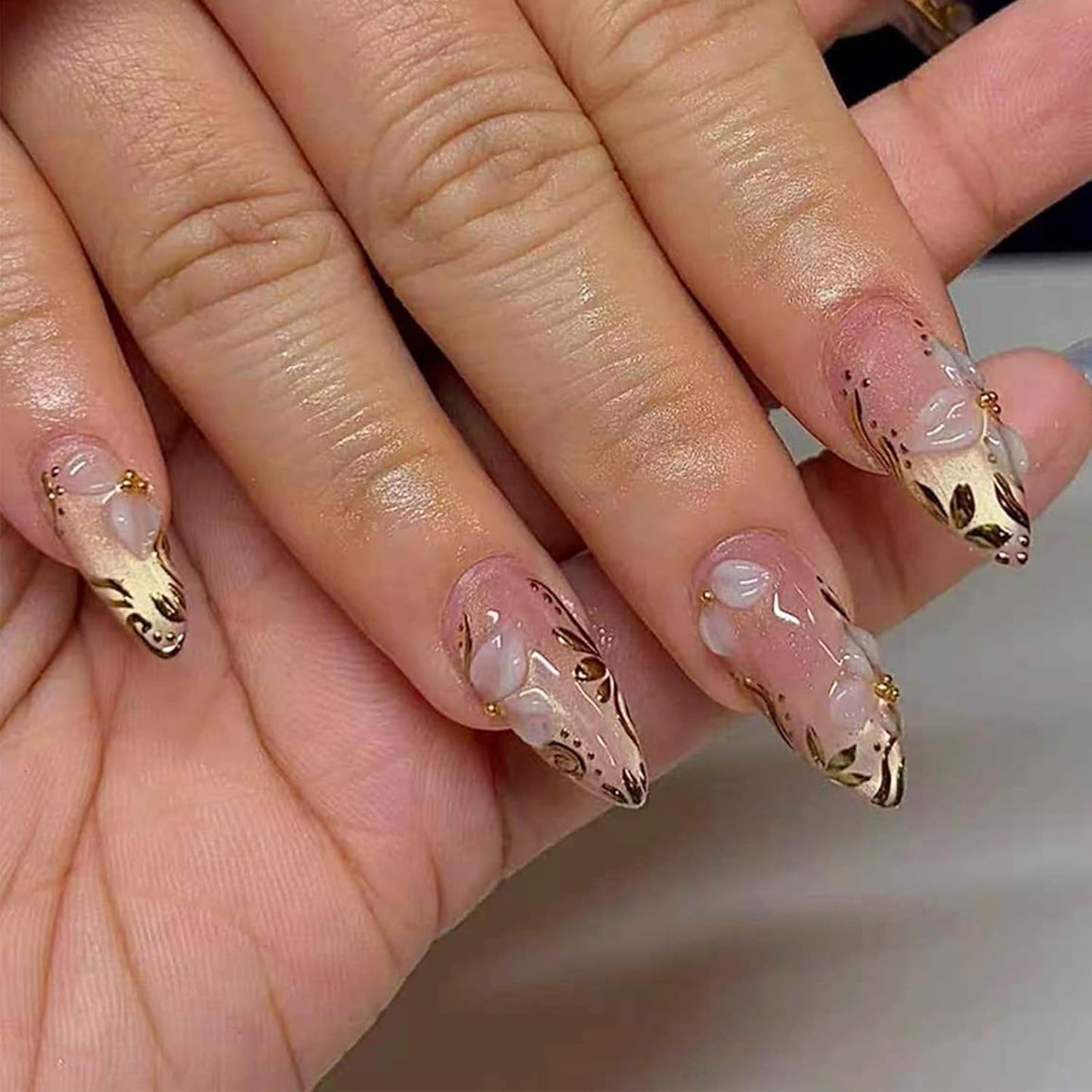 Flower Press On Nails - 24Pcs Short Almond Acrylic Set with 3D Pearl Floral & Gold Chrome Design | Glossy Pink Full Cover
