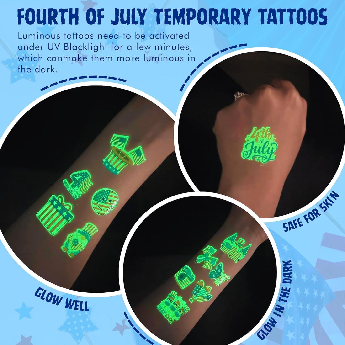 105PCS 4th of July Temporary Tattoos | Patriotic USA Flag Stickers for Kids & Adults - Red, White & Blue Party Favors