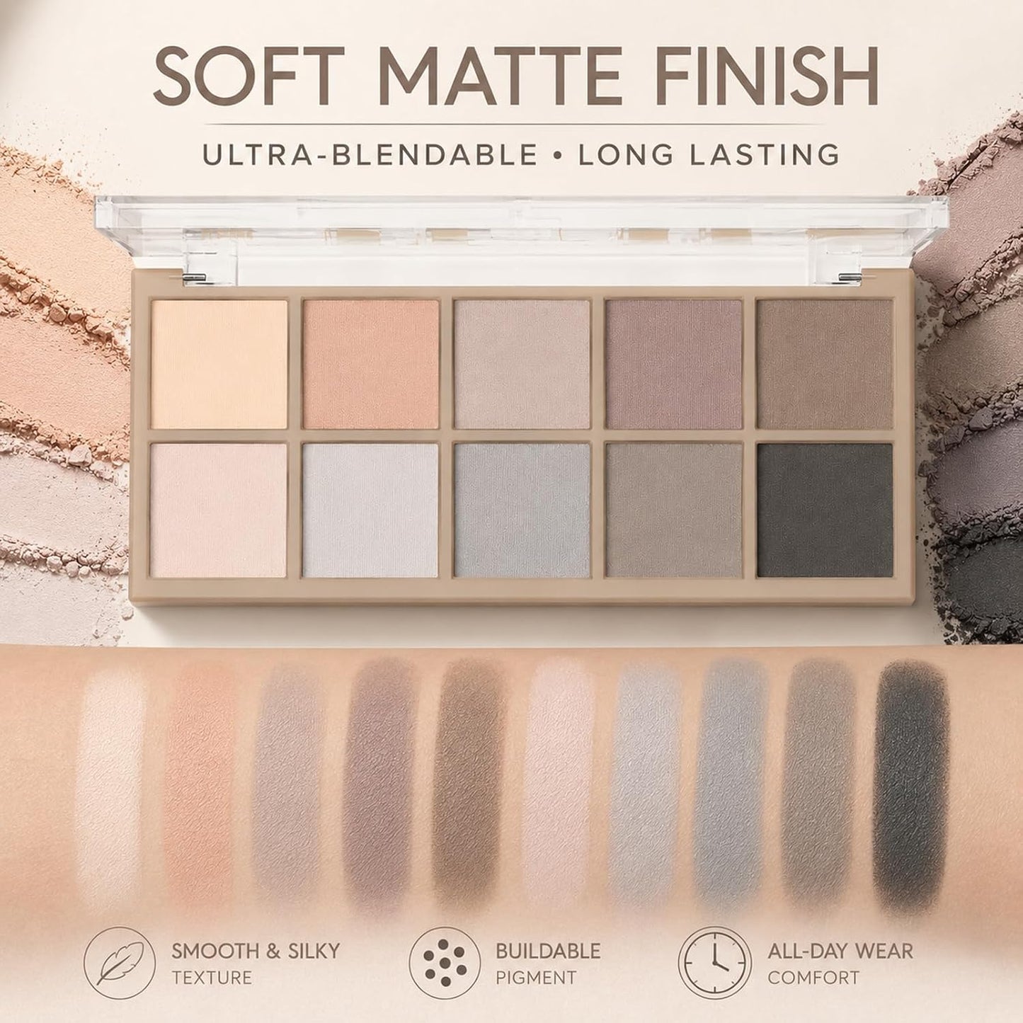 Matte Eyeshadow Palette - 10 Blendable Shades for Smokey Eyes | Waterproof, Long-Lasting Makeup
