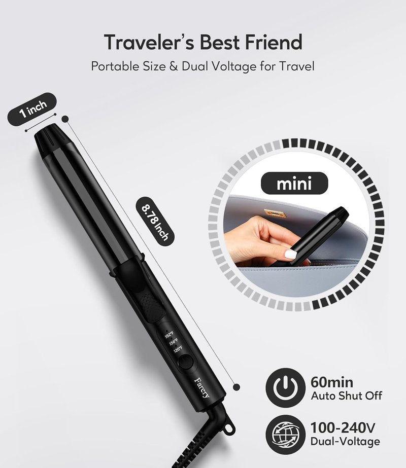 Travel Curling Iron - 1 Inch Mini Ceramic Curler with Adjustable Temperature & Dual Voltage | Includes Storage Bag