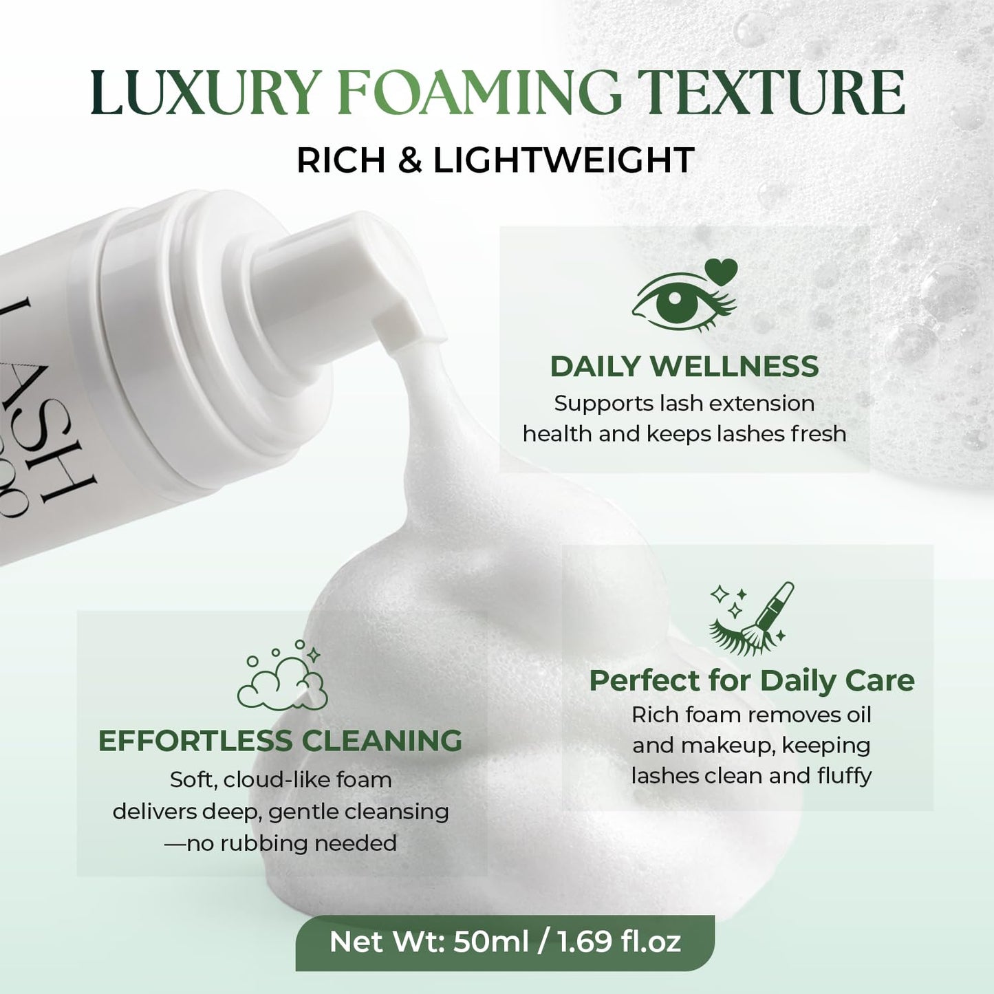 Foam Lash Cleanser for Lash Extensions 50ml (1.69 fl.oz), Gentle Lash Shampoo for Natural Lashes | Oil-Free, Hypoallergenic, No Irritation | Safe Makeup Remover for Sensitive Skin | Home & Salon Use