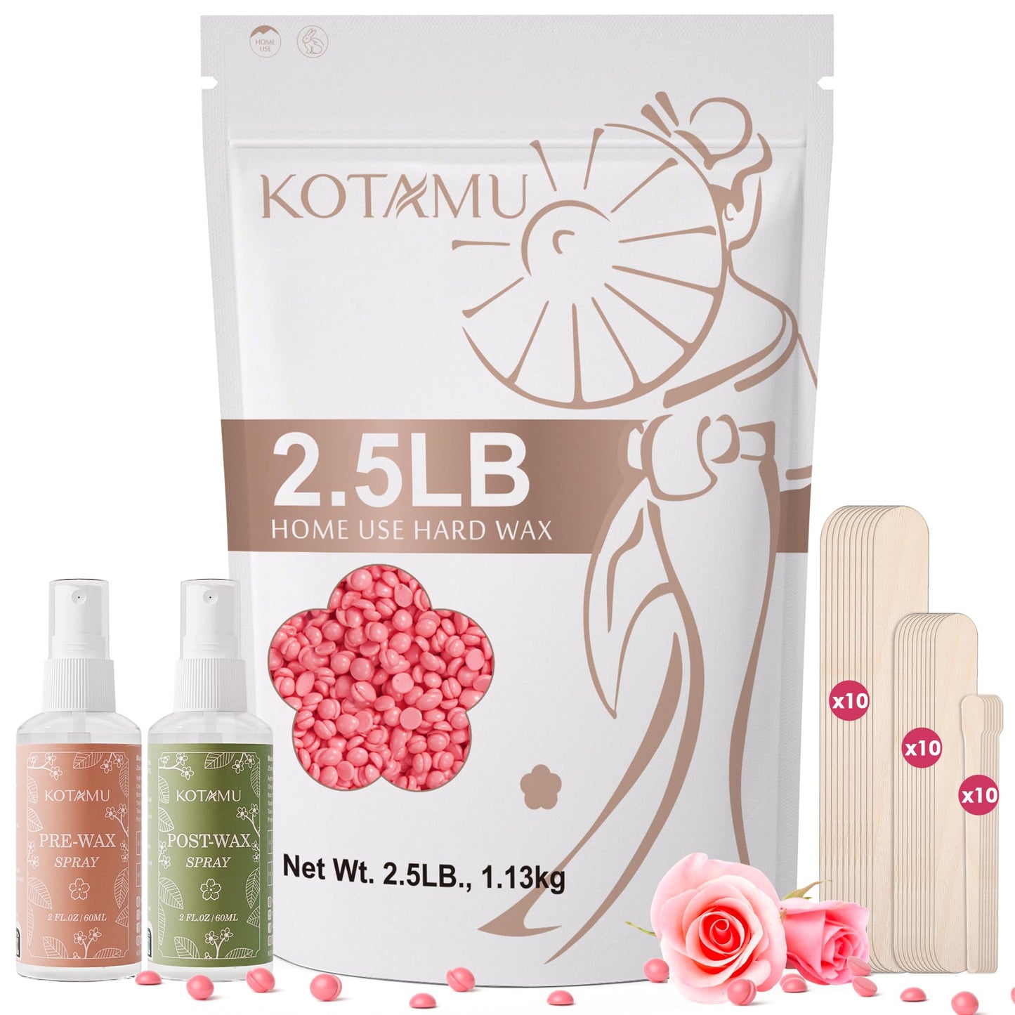 KOTAMU Pink Wax Beans for Hair Removal, 2.5lb, Hard Wax for Face, Eyebrow, Bikini, Brazilian, Leg, Body, Sensitive Skin, Ideal for Women Home Salon Waxing