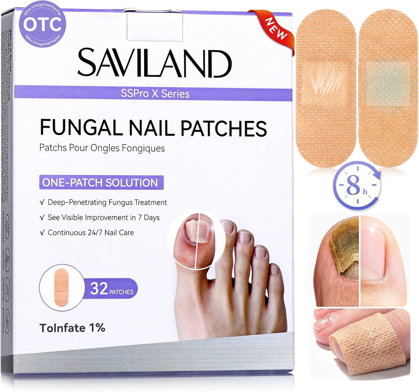 SAVILAND Fungal Nail Patches - 32 PCS Extra Strength Toenail Treatment | 8H Overnight Repair for Damaged Nails