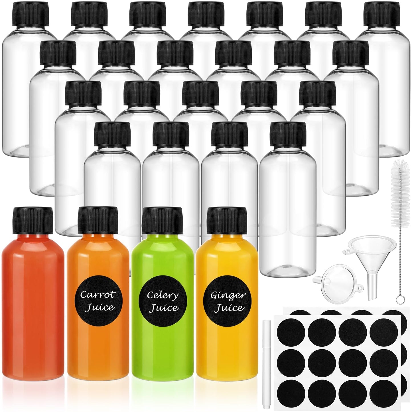 Revahope 16 Pack 2 oz Shot Bottles with Caps, Mini Reusable Plastic Ginger Shots Bottle Leakproof Juice Shot Bottles with Lids for Juice, Oil and Liquid Samples, Small Containers for DIY, Travel