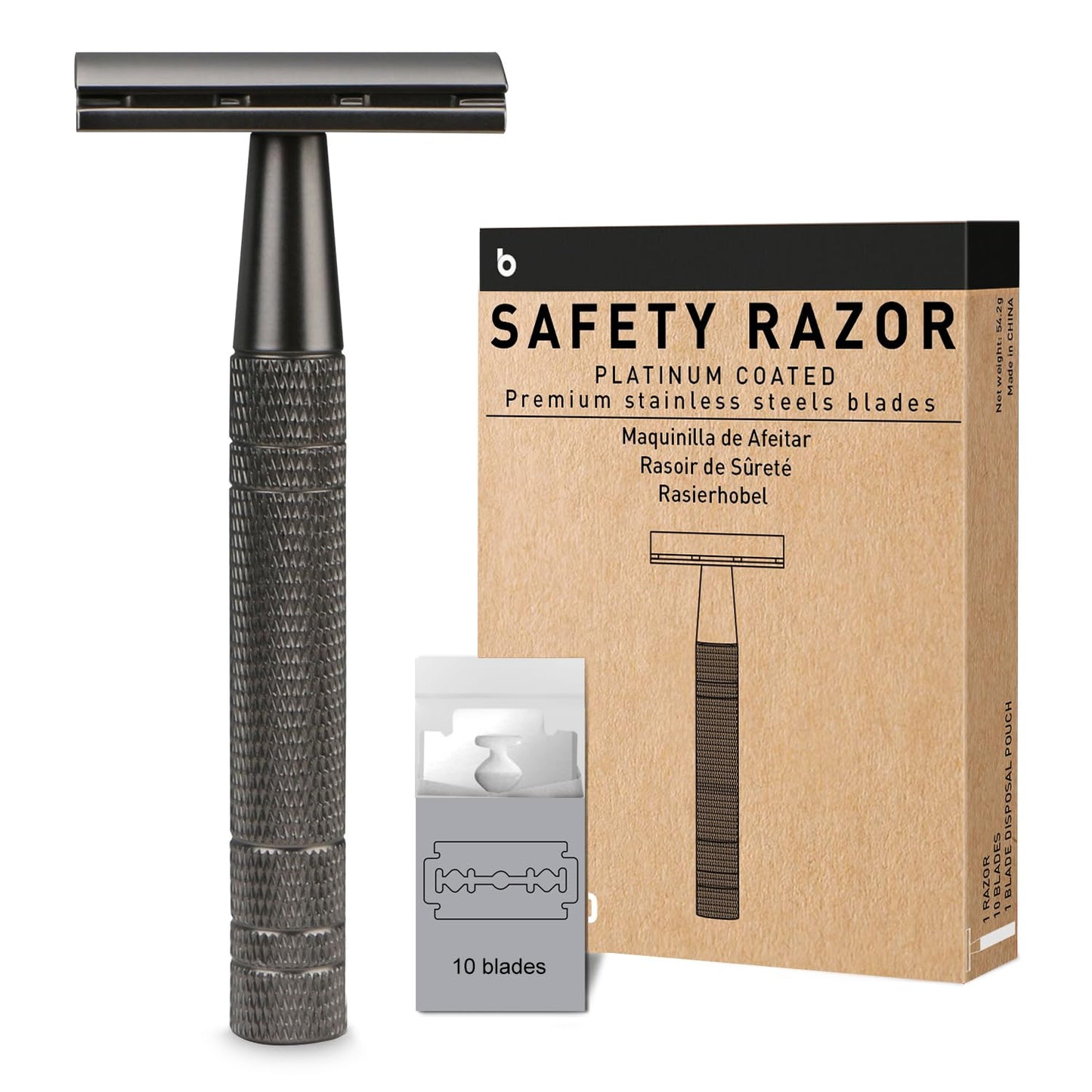 Matte Gun Black Double Edge Safety Razor, Single Blade Razors for Men and Women, with 10 Stainless Steel Safety Razor Blades, Reusable, Eco-friendly, Smooth and Close Shaving, Plastic Free