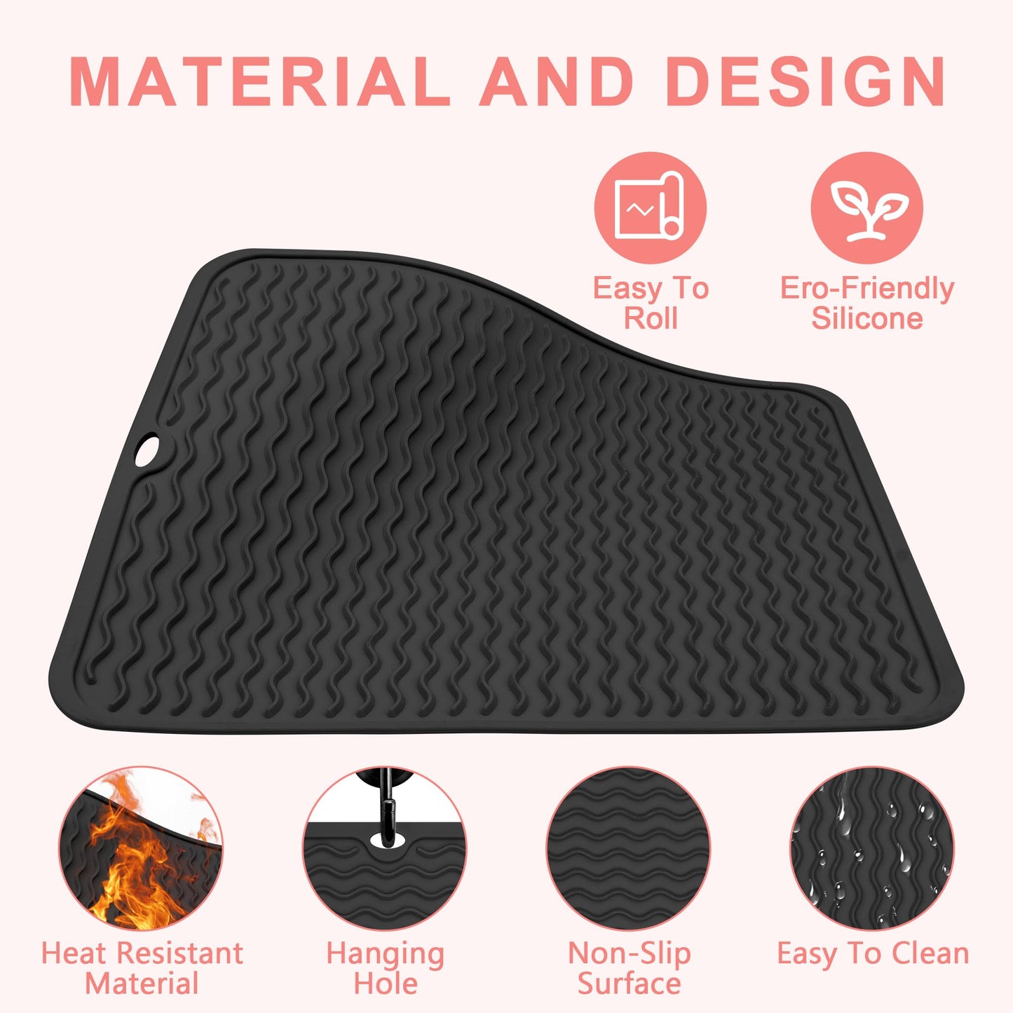 Arsmonjeal Oversize Silicone Heat Resistant Mat for Curling Irons, Flat Irons, Hair Straighteners and Hot Hair Styling Tools, Portable Wrap Pad Cover for Vanity, Travel, Salon(14.2" x 11.0")