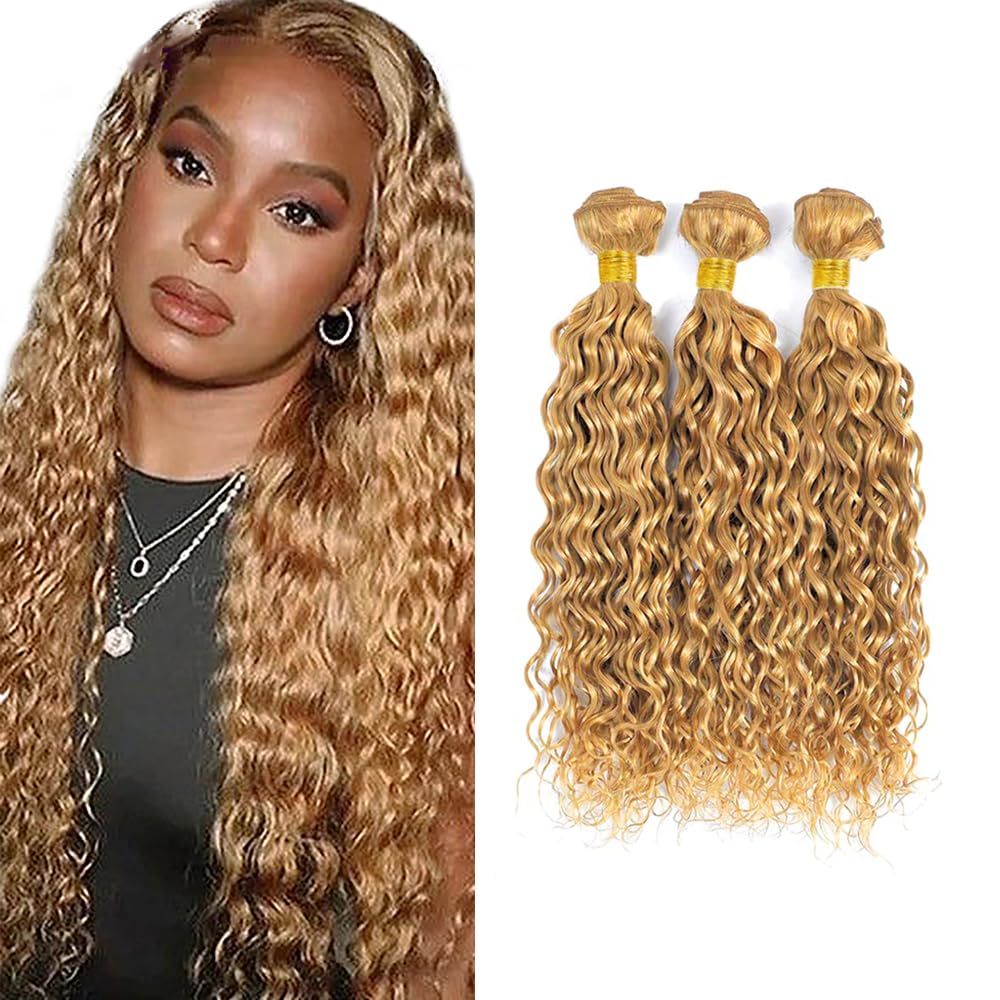 28 30 32 Inch #27 Honey Blonde Bundles Human Hair Water Wave 3 Bundles Brazilian Remy Hair 50 Grams/Bundle 10A Grade Unprocessed Virgin Hairs Blonde Water Wave Bundle Weaves Extensions