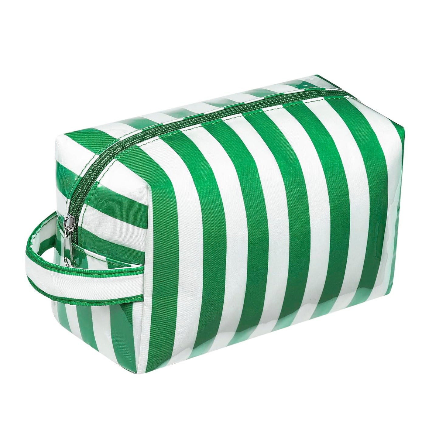 Lestikave PVC Striped Makeup Bag,Easy to Clean,Waterproof Clear Coated Cosmetic Bag,Cute Travel Organizer Zipper Pouch for Beach Vacation Essentials(09Green White)
