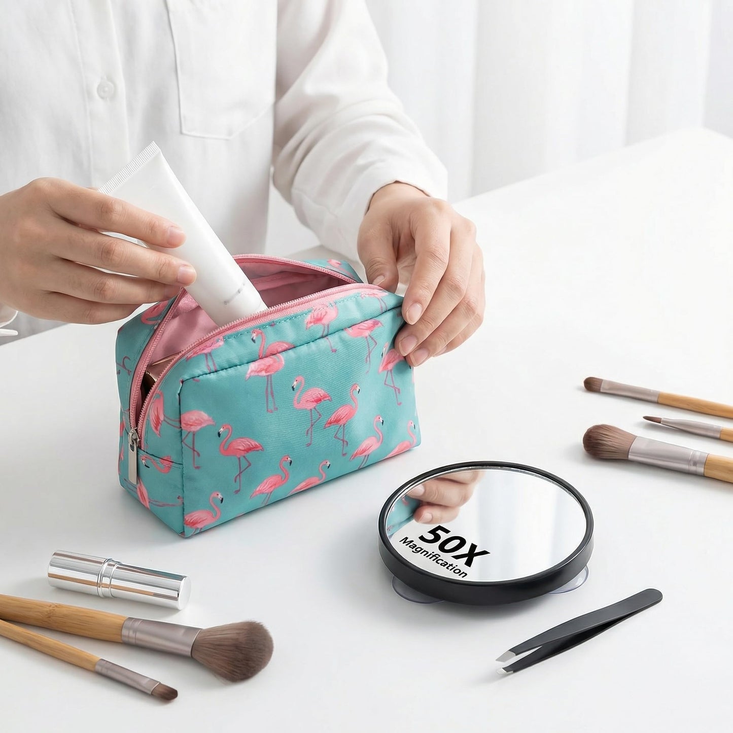 50X Magnifying Makeup Mirror, Small Round Cosmetic Tool with Suction Cups and Tweezers, Portable Handheld Mini Compact Mirror for Precision Pore Extraction Eyebrow Plucking and Travel Black