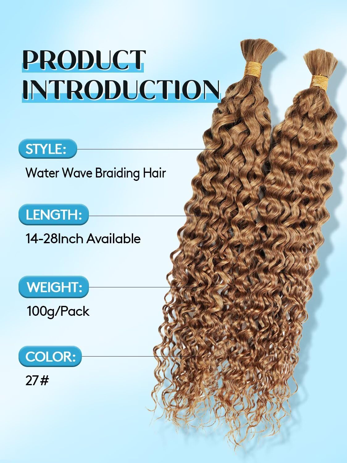 100% Unprocessed Human Hair for Braiding, #27 Honey Blonde Pre-Separated Curly Bulk Hair, 12A Grade Boho Braiding Hair Extensions,Water Natural Soft Texture, 24 Inch 100g 2 Bundles