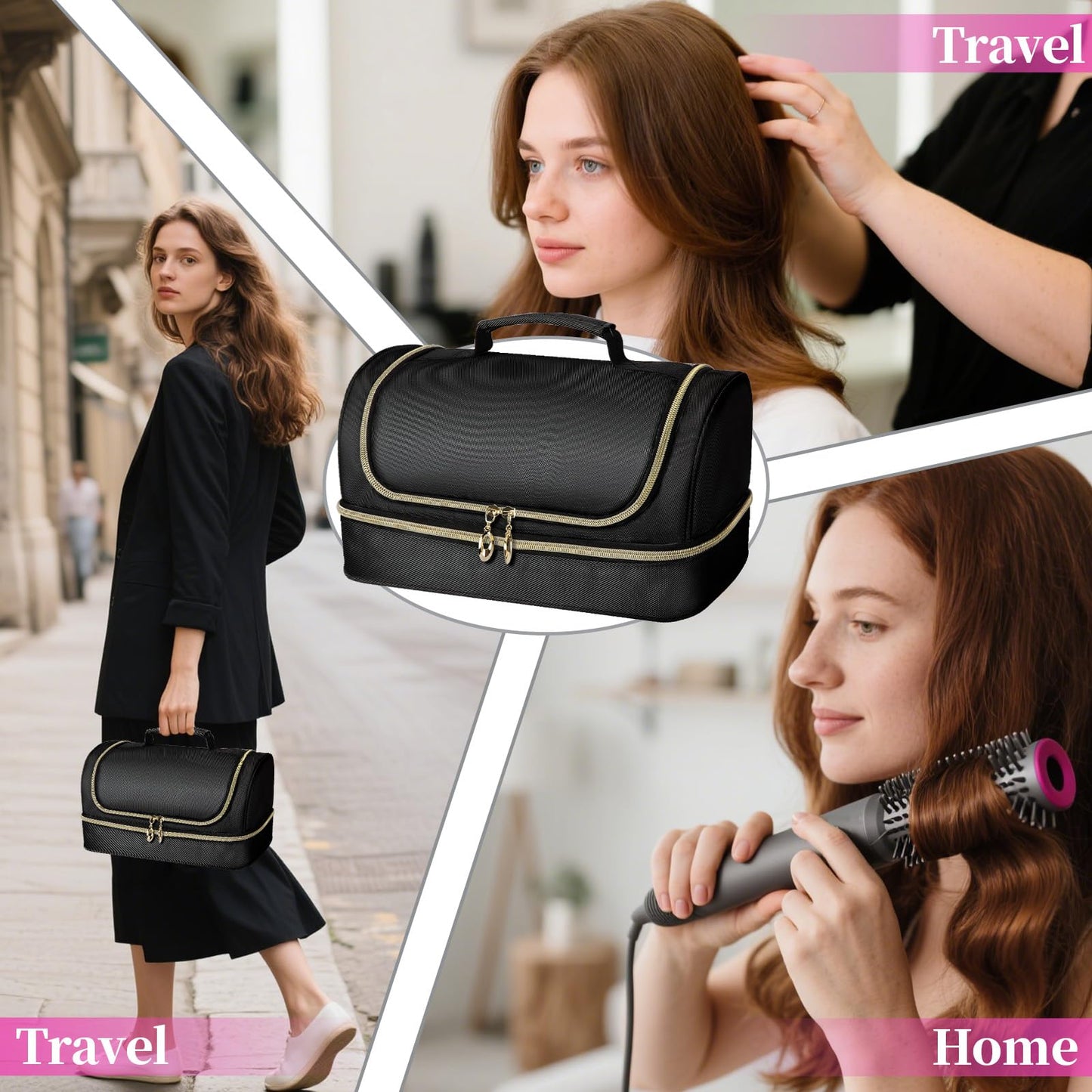 Wigojoy Travel Carrying Case Compatible with Dyson Airwrap Flexstyle/Shark Flex Fushion and Attachments, Portable Storage Bag for Hair Styling Tools with Metal Hanging Hook, Black (Bag Only)