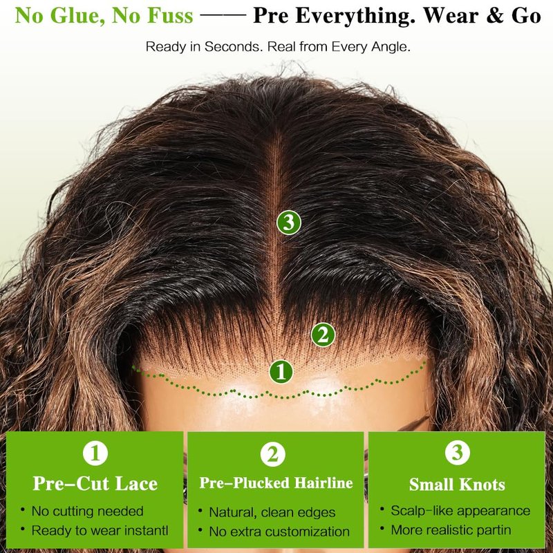 QUANDIAN Balayage Highlight Glueless Wigs Human Hair Pre Plucked Pre Cut 7x5 HD Lace 210 Density Deep Wave Lace Front Wigs Human Hair for Black Women Wear Go Drawstring Wig 18 Inch Ombre FB/30 Colored