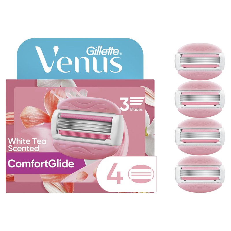 Gillette Venus ComfortGlide White Tea Women's Razor Refills, 4 Refill Cartridges, Fits Venus Reusable Razor Handles, 3-Bladed with Built-in Shave Gel Bars