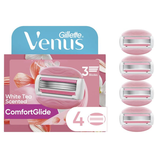 Gillette Venus ComfortGlide White Tea Women's Razor Refills, 4 Refill Cartridges, Fits Venus Reusable Razor Handles, 3-Bladed with Built-in Shave Gel Bars