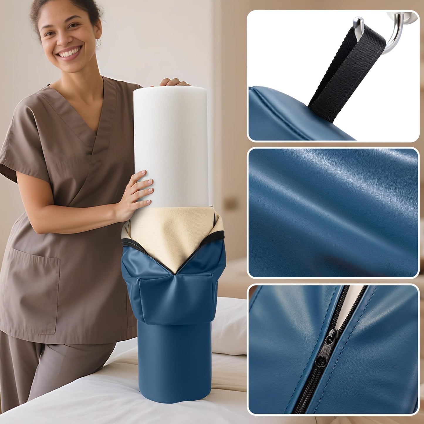 Noverlife 3/4 Round Massage Bolster, 26x6x6 inch Leg Bolster for Massage Table with Strap Handle PU Leather Bolster Pillow for Legs, Physical Therapy Bolsters Under Back Knee Ankles Pain Relief - Blue