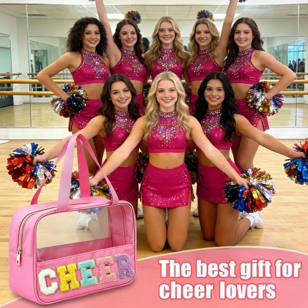 Cheer Makeup Bag - Chenille Letter Patch Clear Cosmetic Organizer | Waterproof Nylon Toiletry Bag for Cheerleaders