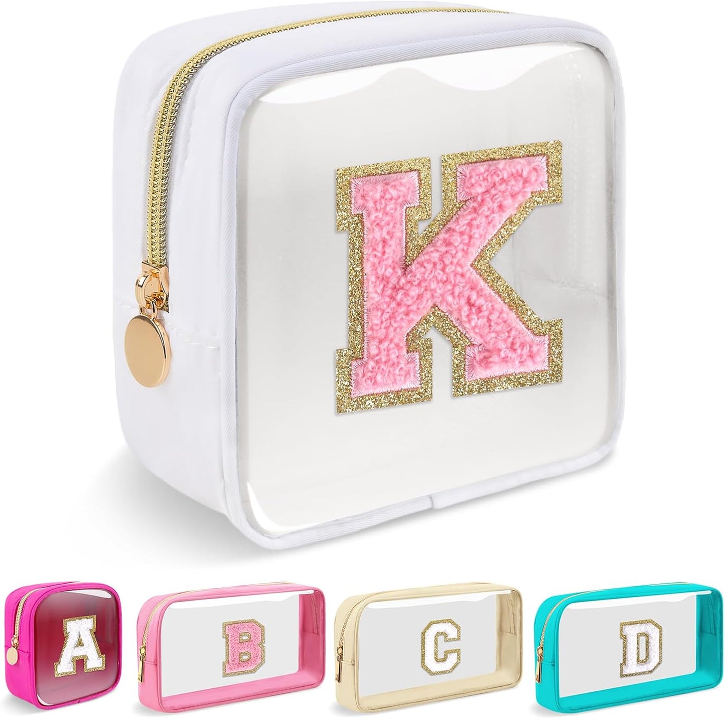 Personalized Initial Makeup Bag - Waterproof Nylon Cosmetic Pouch | A-Z Chenille Letter Patch, White-Pink G