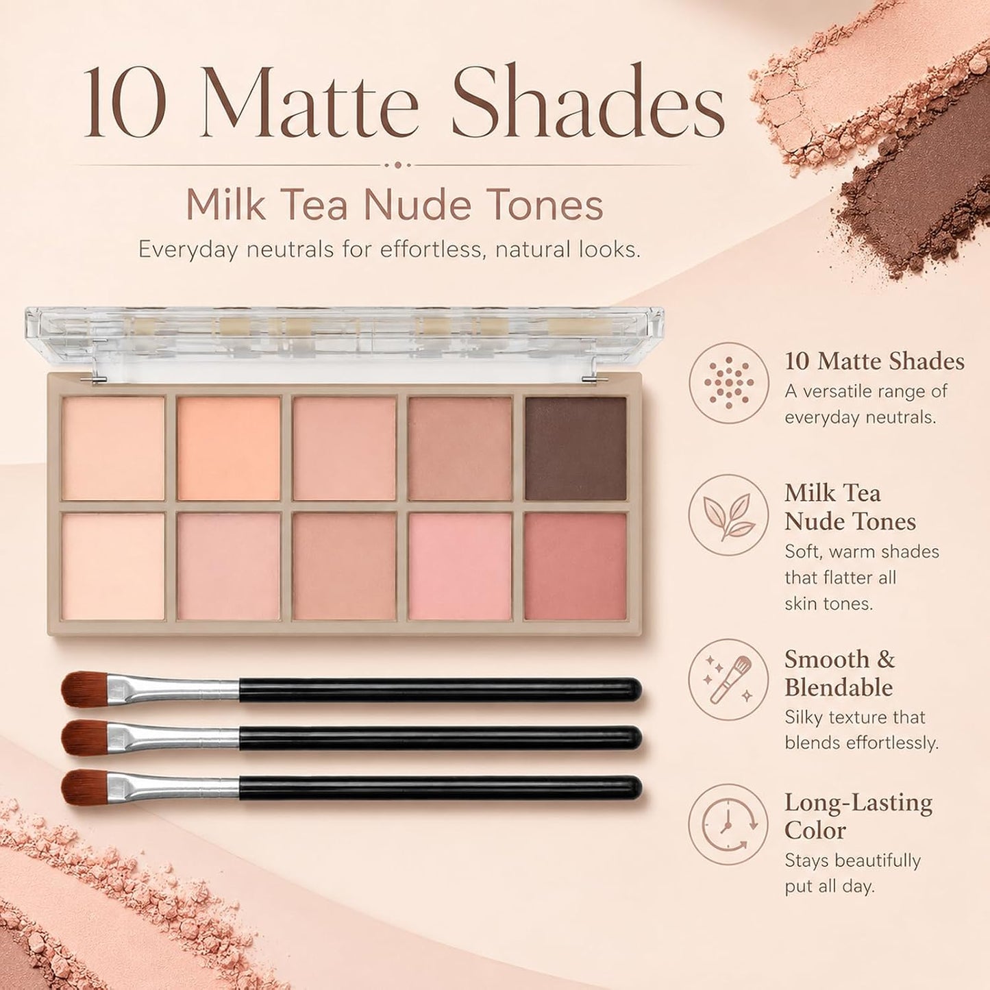 Eyeshadow Palette - 10 Color Blendable High Pigment Shades | Long-Lasting Matte for Smokey Looks