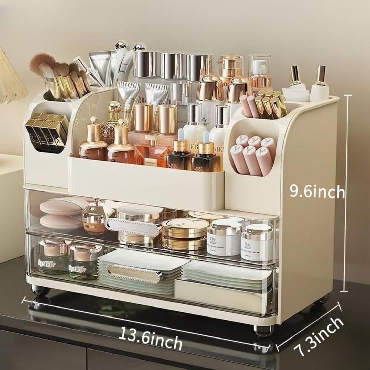 Makeup Organizer with Drawers - Vanity & Bathroom Countertop Storage for Brushes, Skincare, Lipstick | Cream Color