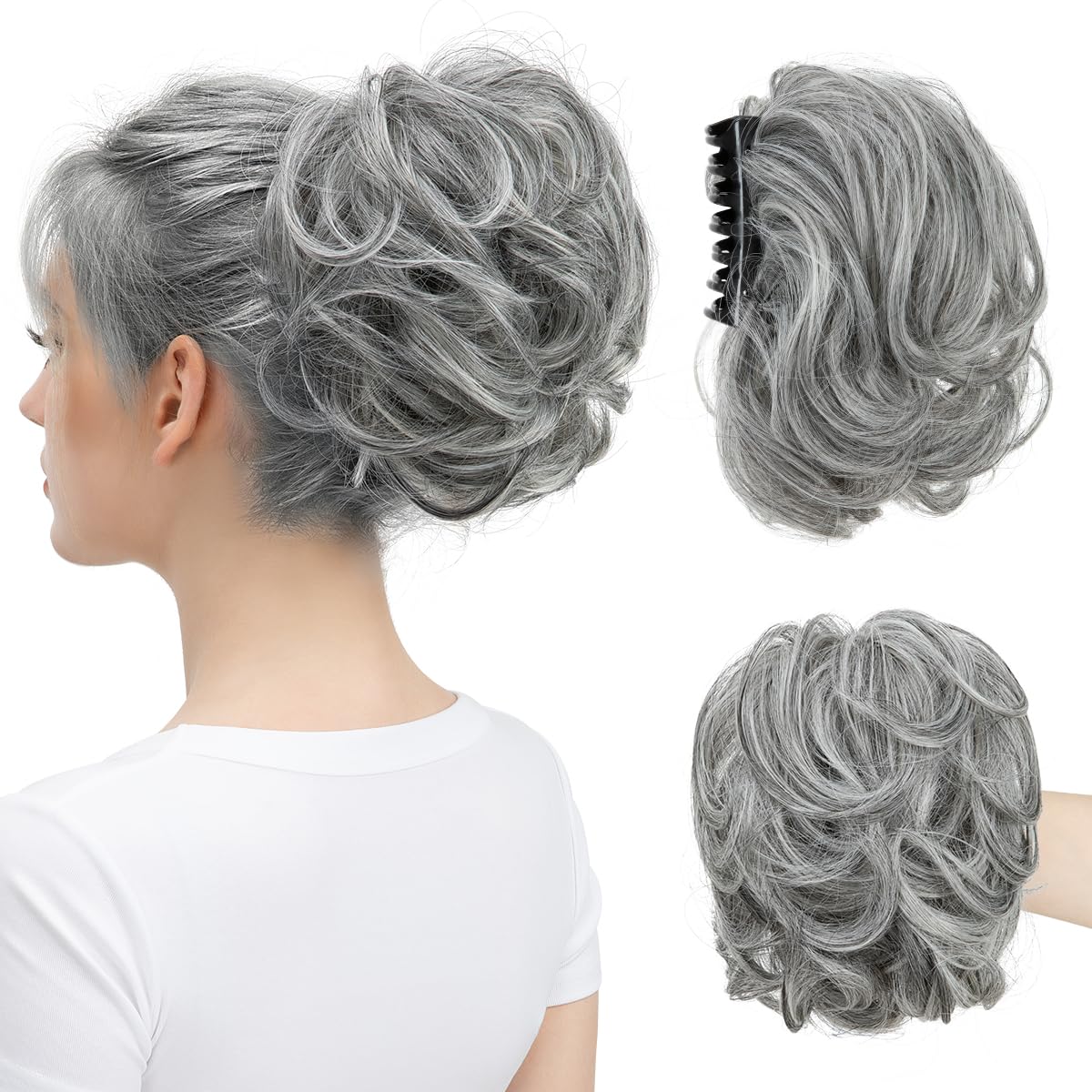 youngways Claw Clip Short Ponytail Messy Bun Hair Piece Bendable Hair Branch Extensions Fluffy Wavy Curly Synthetic Versatile Dark Grey Hairpieces