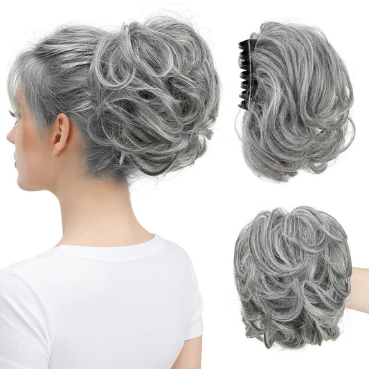youngways Claw Clip Short Ponytail Messy Bun Hair Piece Bendable Hair Branch Extensions Fluffy Wavy Curly Synthetic Versatile Dark Grey Hairpieces