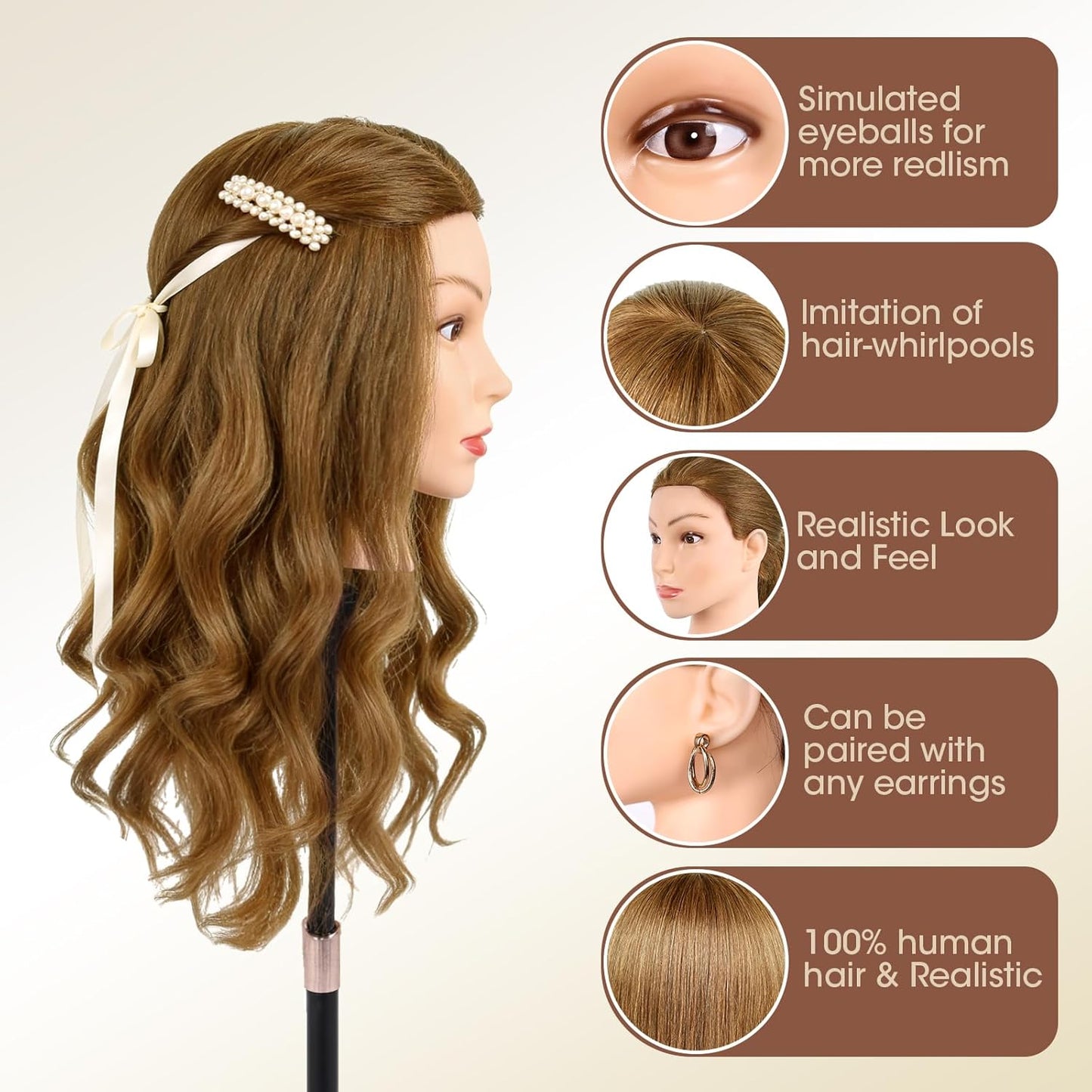 Realistic Human Hair Mannequin Head - 22" Light Brown Cosmetology Training Doll with Clamp & Styling Tools