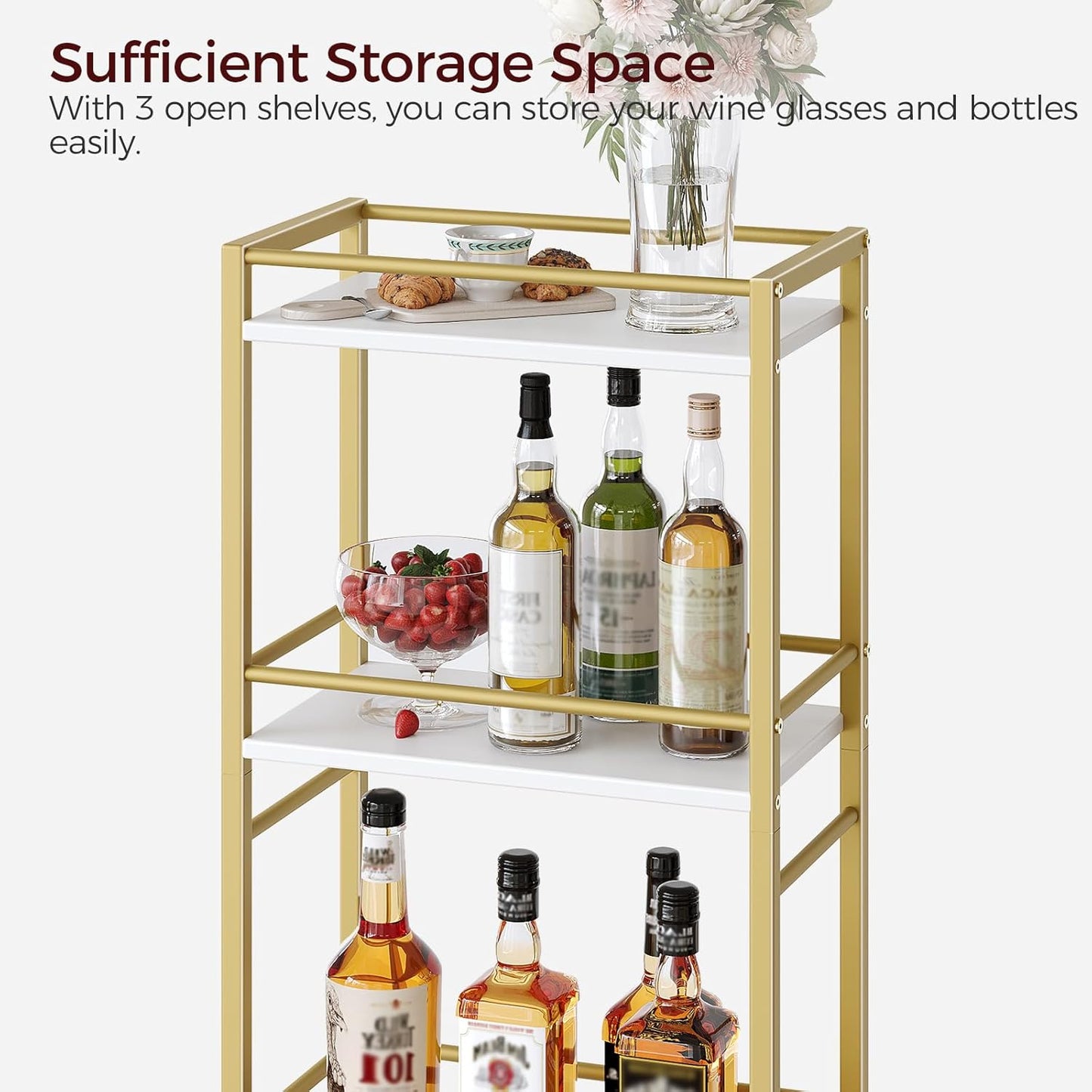 Bar Cart - 3-Tier Rolling Drink Cart on Wheels for Home | Gold Mini Bar Serving Cart for Small Spaces