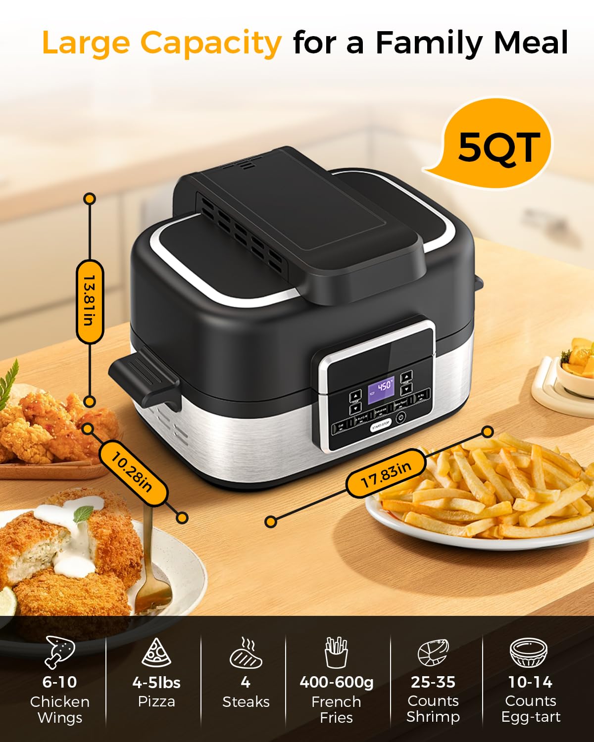 Joy Pebble Indoor Grill with Air Fry, 5-IN-1 Electric Smart Air Fryer Grill Combo, Stainless Steel with Air Grill, Air Fryer, Roast, Bake, Dehydrate, Beef & Fries, 5QT Large Capacity Smokeless, Black