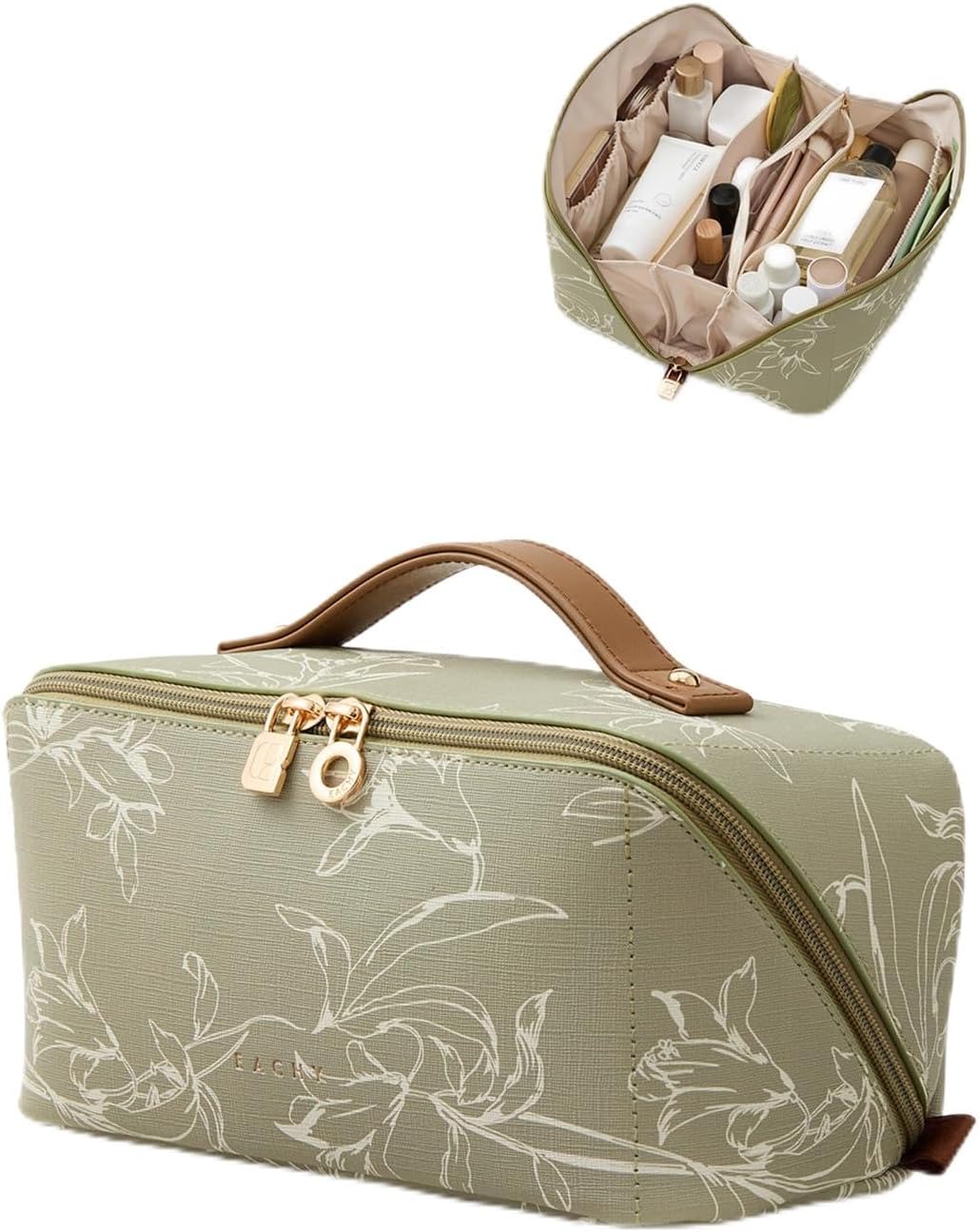 Travel Makeup Bag - Large Capacity Waterproof Cosmetic Pouch | Open Flat Design (Brown)