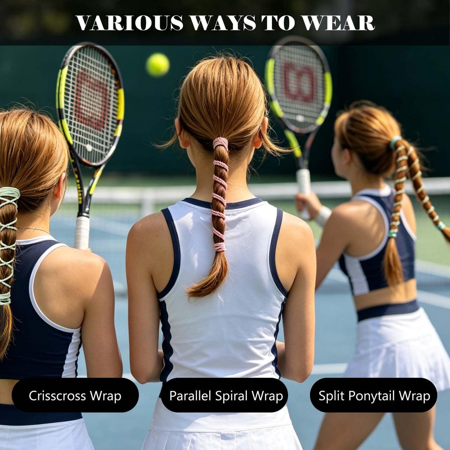 Hair Ties No Damage for Women with 2 Braids, 25" 3 Packs Elastic Ponytail Holders for Thick & Long Hair Cute Sport Pony Tail Wrap Tie Accessories for Running,Workout,Swim,Dive(Blue/Beige/Navy Blue)