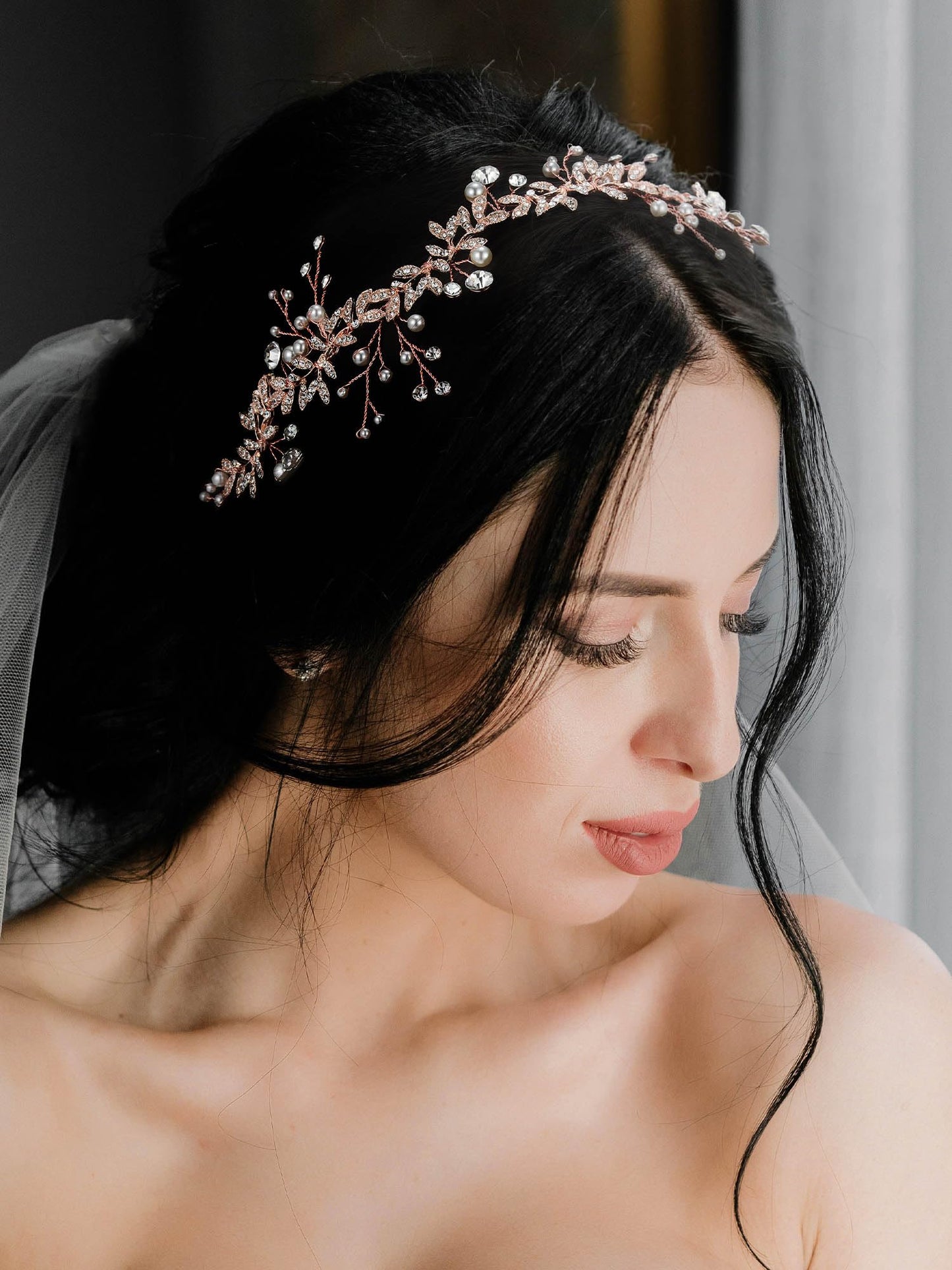 SWEETV Crystal Bridal Headpieces for Brides Rose Gold Wedding Hair Accessories Bride Headband Pearl Hair Vine Rhinestone Hair Pieces for Women