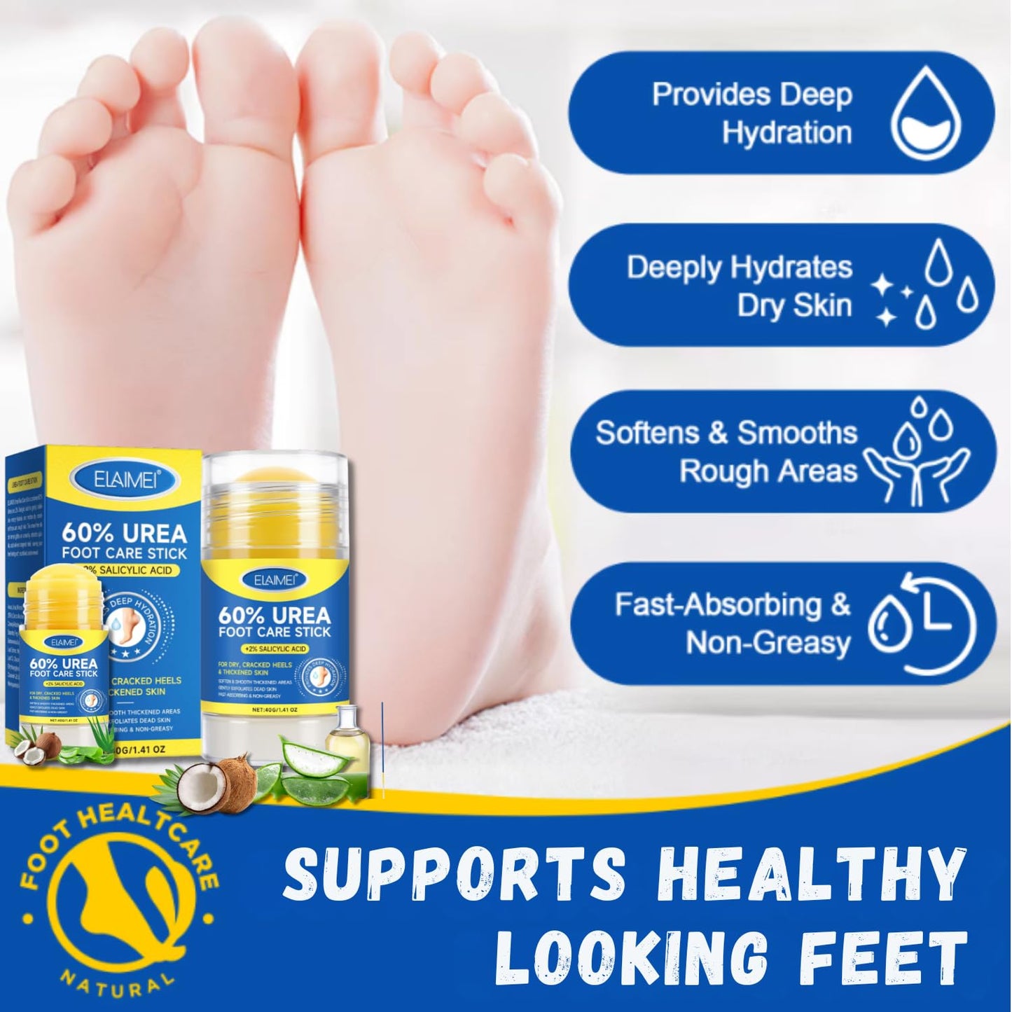 60% Urea Cream Stick with 2% Salicylic Acid, Maximum Strength Urea Foot Cream for Dry Cracked Heels & Feet, Callus Remover, Heel Balm, Fast Absorbing Moisturizer for Rough Hands, Knees & Elbows 1.41oz