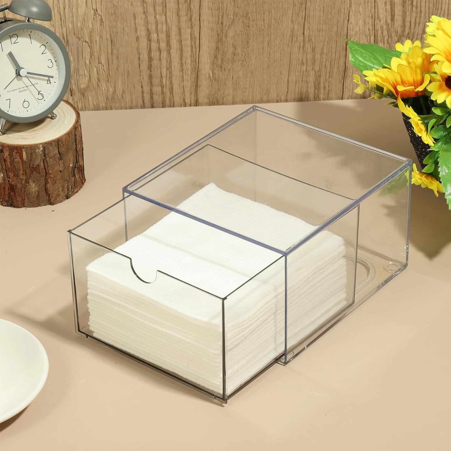Disposable Face Towel Holder - Stackable Clear Makeup Organizer with Drawer for Vanity | Bathroom Storage Solution