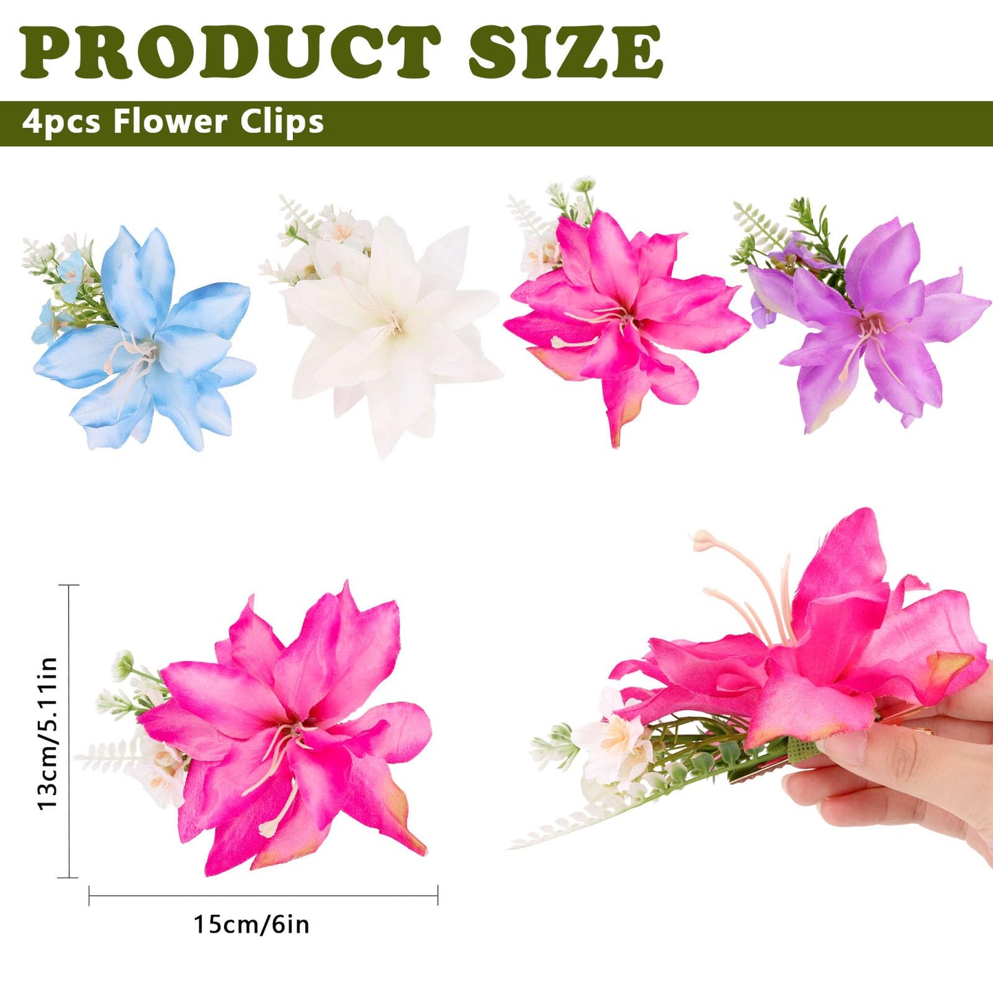 CURASA 4PCS Hawaiian Flower Hair Clips Artificial Tropical Lily Alligator Clips Luau Outfits Bohemian Flower Hairpins Accessories Beach Hair Bobby Pins Vacation Party Hairstyles For Women Girls