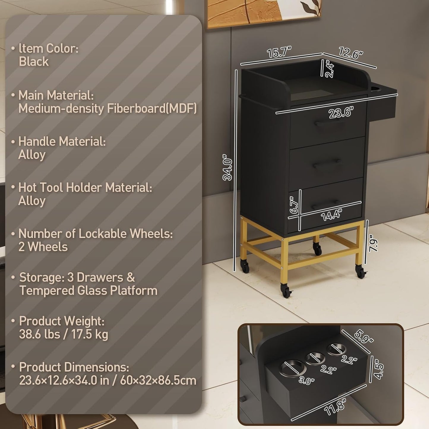 Salon Trolley Cart - Rolling Barber Station with Toughened Glass Top | 4 Wheels, Drawers & Towel Rack - Black