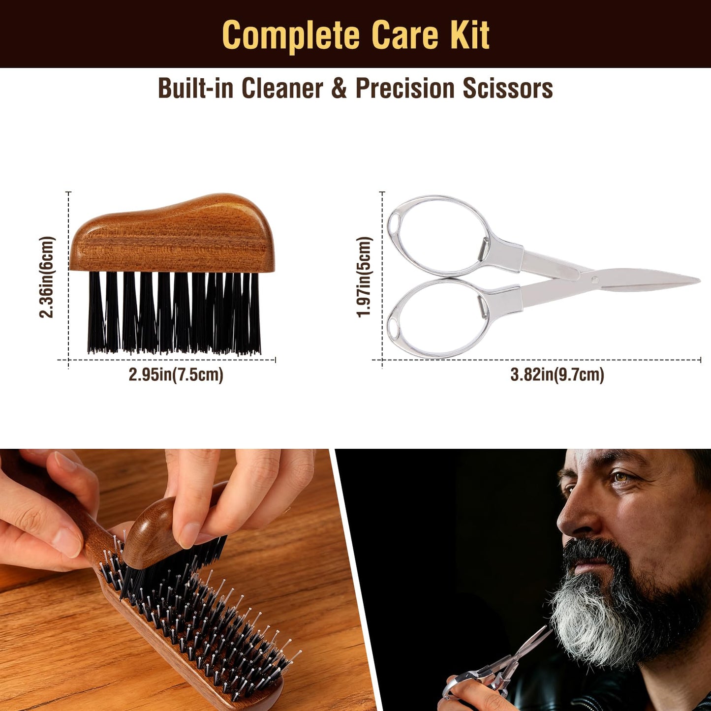 URTHEONE Premium Beard Brush Grooming Kit for Men - 100% Natural Boar Bristle Brush with Ergonomic Handle, Cleaning Brush & Folding Scissors - Complete Beard Care Set for Styling and Maintenance