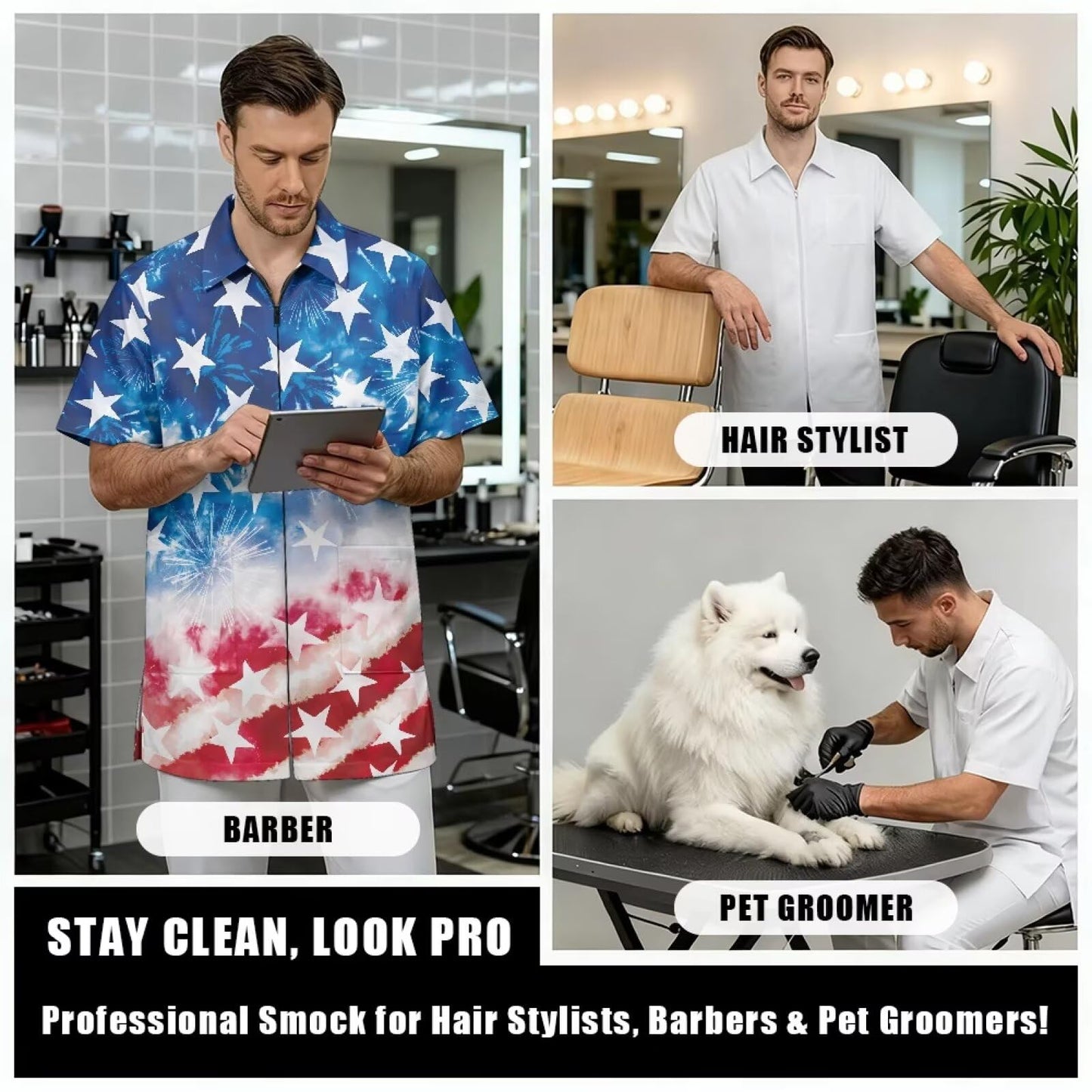 Srengjodk Blue Waterproof Smock For Barber, Hair Stylist Apron 3 Pockets Hairdresser Apron, Capes For Hairstylist America Flag Print Cosmetology Apron Grooming Smock L XL