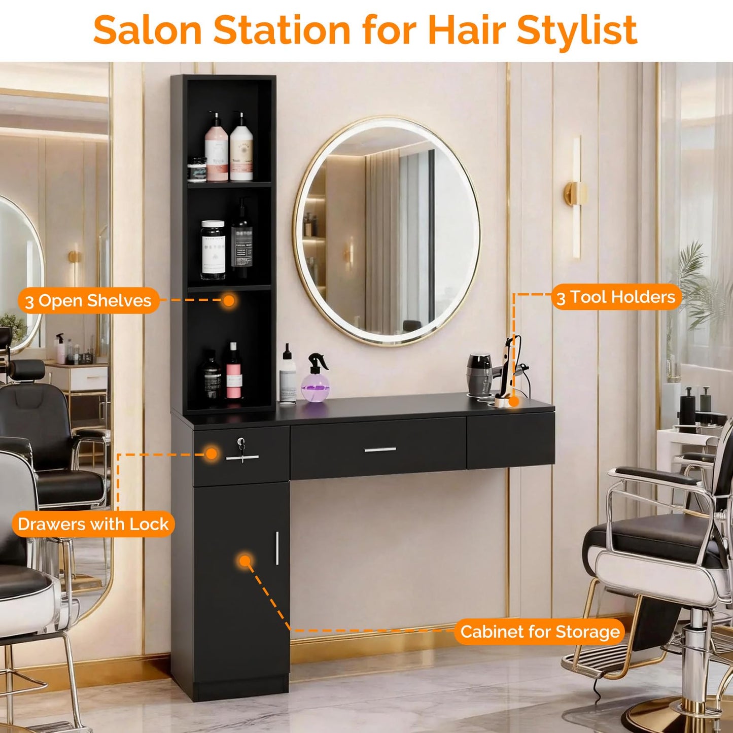 Wall Mount Barber Stations, Salon Stations for Hair Stylist, Hair Styling Equipement Set with a Storage Cabinet