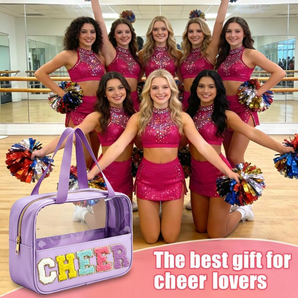 Cheer Makeup Bag - Chenille Letter Patch Clear Cosmetic Organizer | Waterproof Nylon Travel Toiletry Bag for Cheerleaders