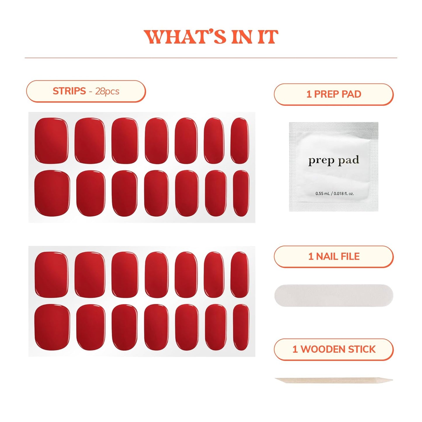 Heyhae Semi Cured Gel Nail Strips - Solid Red, No LED Lamp Required | 28 Strips, Easy Apply & Remove