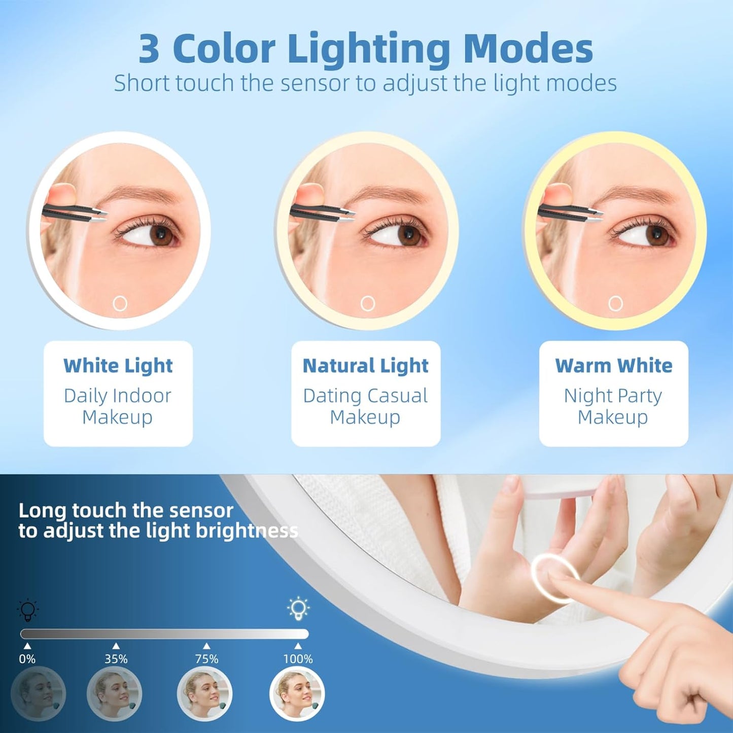 30x Magnifying Makeup Mirror with Light - Dimmable, Rechargeable, 3 Color Modes | 6" Viewing Area, Suction Cups, Tweezers & Scissors Included