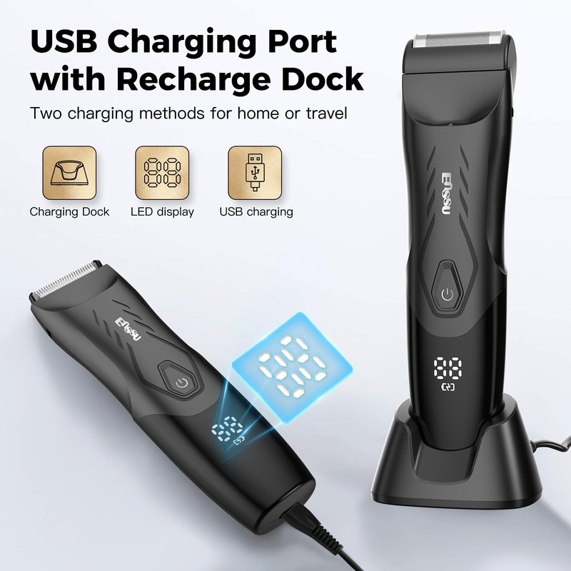 ENSSU 2-in 1 Body Hair Trimmers for Men, Pubic Groin Hair Trimmer for Men with Dual-Head Trimmer & Foil Blade, Electric Ball Trimmer Razors w/Light, Charging Dock, Waterproof Body Groomer Shaver Kit