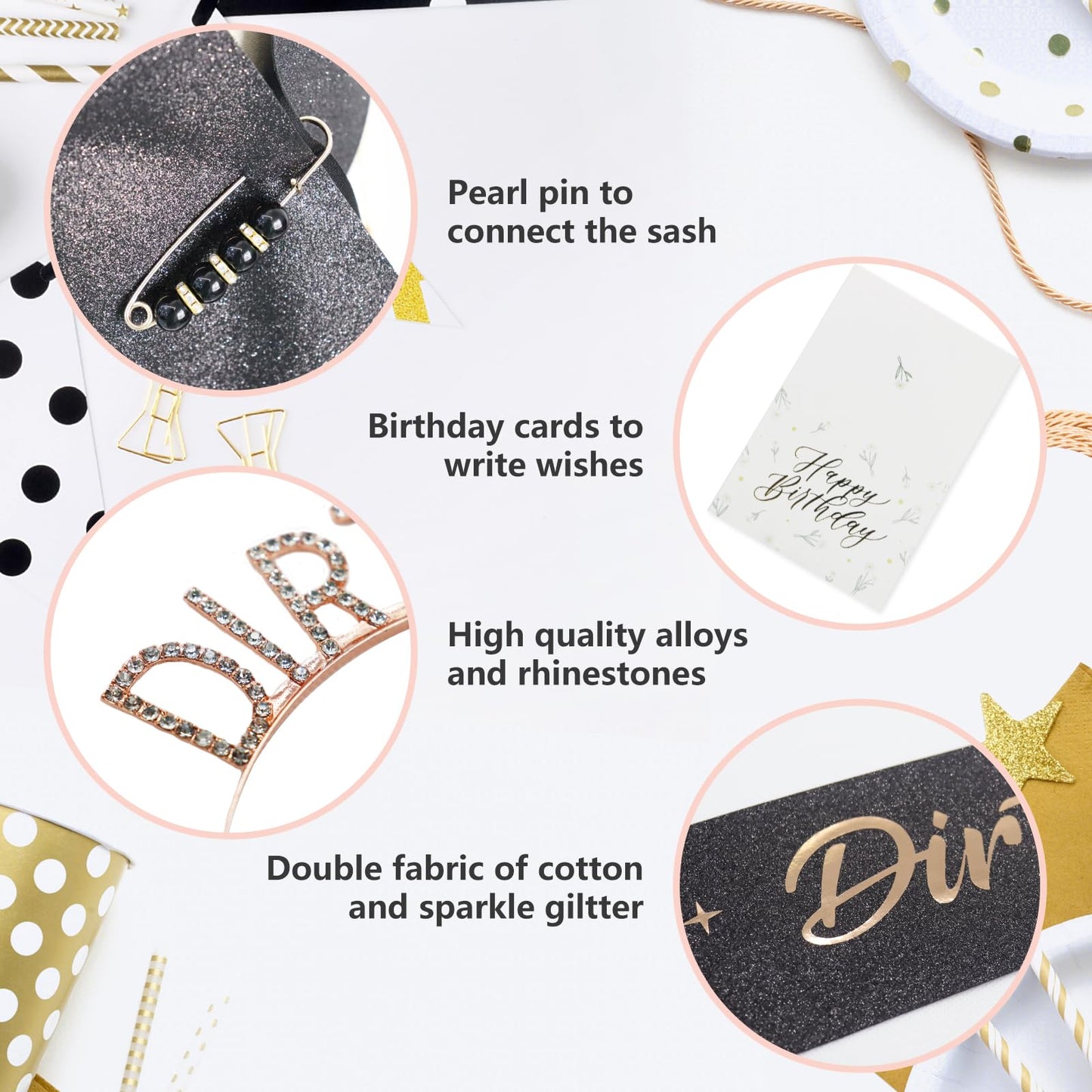 Frutain 30th Birthday Decorations for Her, Glitter Dirty Thirty Birthday Sash & Rhinestone Headband & Pearl Pin & Happy Birthday Card Set for Women Happy 30th Birthday Party Favors Gifts (Black)