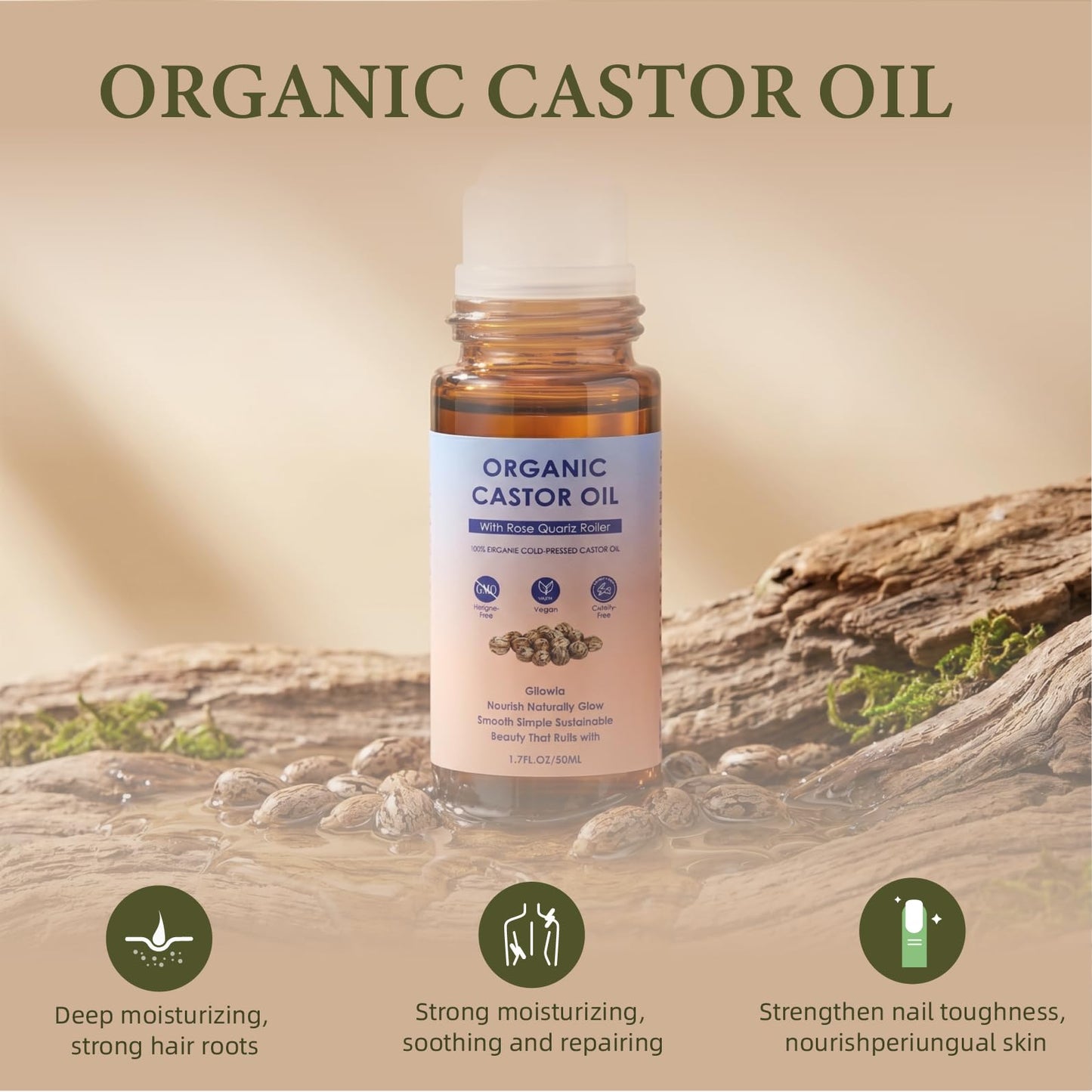 Organic Castor Oil Roll On Rose Quartz Roller Ball Applicator Cold Pressed, Hexane Free Eyebrow Growth, Lash Care, Cuticle & Hair Care Amber Glass 1.7 fl oz
