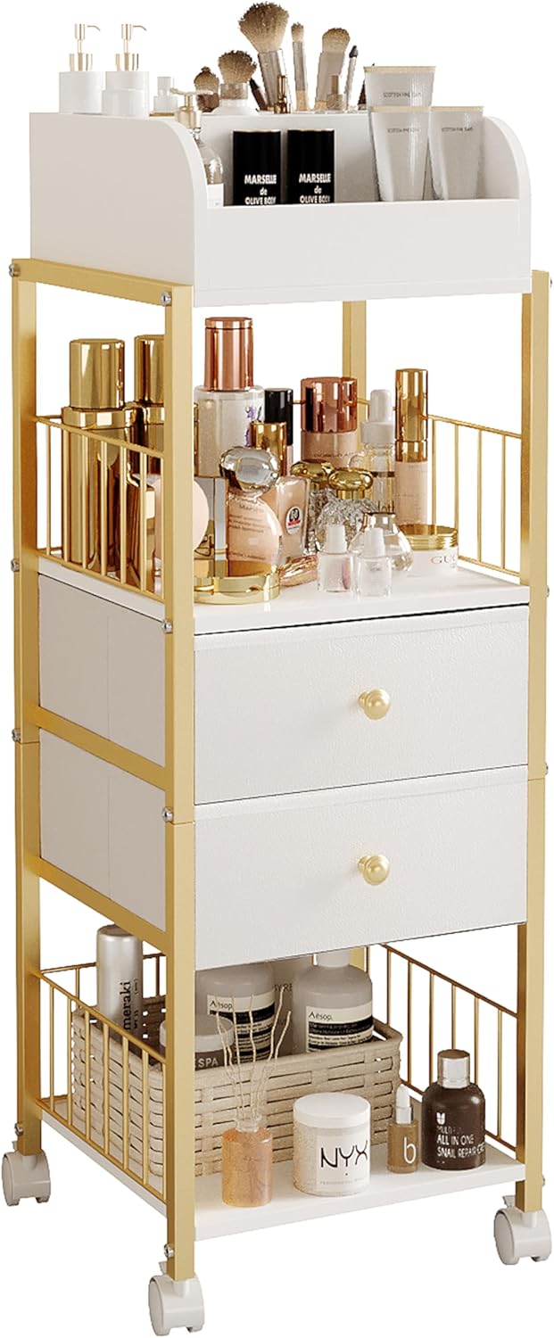 Makeup Organizer Cart - Large Skincare & Makeup Stand with Drawers | Gold Vanity Storage